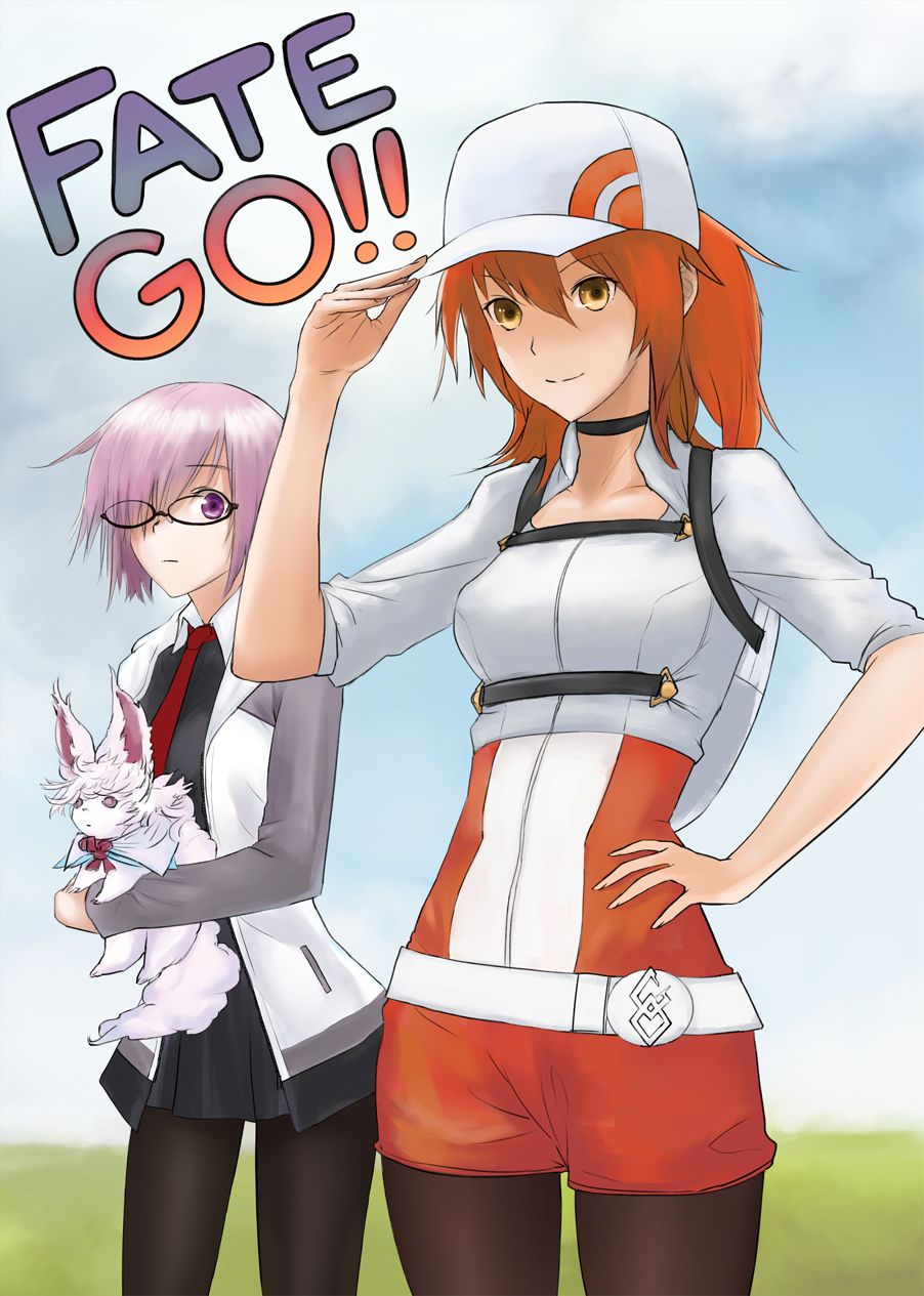 2girls, adapted_costume, alternate_hairstyle, animal, backpack, bag, black_dress, black_pantyhose, choker, commentary_request, cosplay, cosplay_request, dress, fate/grand_order, fate_(series), female_protagonist_(pokemon_go), female_protagonist_(pokemon_go)_(cosplay), fou_(fate), fujimaru_ritsuka_(female), glasses, hair_over_one_eye, hand_on_headwear, hand_on_own_hip, highres, holding, holding_animal, jacket, junreisya, looking_at_viewer, mash_kyrielight, multiple_girls, necktie, nintendo, orange_eyes, orange_hair, pantyhose, parody, pokemon, pokemon_go, purple_eyes, purple_hair, short_hair, title_parody