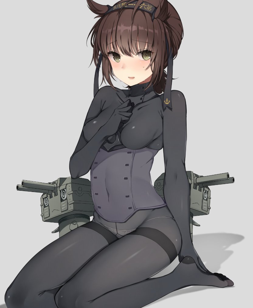 10s, 1girl, black_gloves, black_hair, blush, bodysuit, breasts, chou-10cm-hou-chan_(hatsuzuki's), covered_erect_nipples, covered_navel, female_focus, gloves, gusset, hair_flaps, hairband, hand_on_own_chest, hatsuzuki_(kancolle), headband, kantai_collection, looking_at_viewer, oniku_(oishii_oniku), open_mouth, panties, panties_under_pantyhose, pantyhose, short_hair, small_breasts, solo, thighband_pantyhose, underwear, yellow_eyes