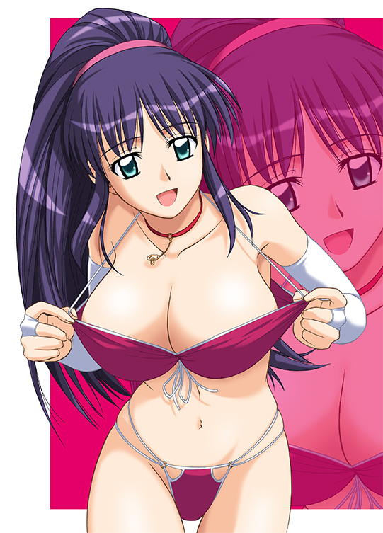 1girl, adjusting, adjusting_clothes, adjusting_swimsuit, bikini, breasts, chagashi, choker, cleavage, detached_sleeves, elbow_gloves, female_focus, gloves, green_eyes, large_breasts, long_hair, looking_at_viewer, navel, open_mouth, original, ponytail, purple_hair, satou_chagashi, solo, swimsuit, zoom_layer