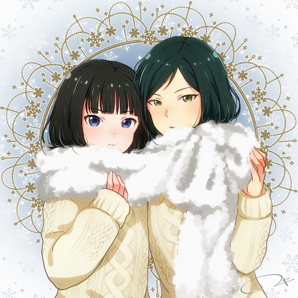 10s, 2boys, androgynous, aran_sweater, bad_id, bad_pixiv_id, black_hair, blue_eyes