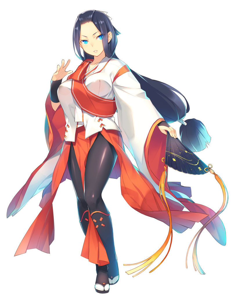 1girl, black_hair, blue_eyes, eyes_visible_through_hair, female_focus, full_body, hand_fan, hikage_(sennen_sensou_aigis), holding, holding_fan, katou_itsuwa, long_hair, long_sleeves, low-tied_long_hair, official_art, open-toe_boots, pantyhose, parted_lips, sennen_sensou_aigis, solo, transparent_background, very_long_hair, white_background, wide_sleeves