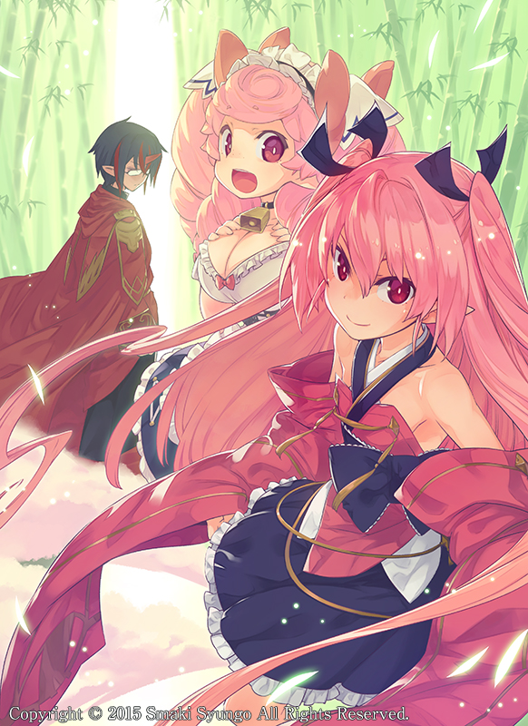 1boy, 2015, 2girls, bamboo, bamboo_forest, black_hair, bright_pupils, choker