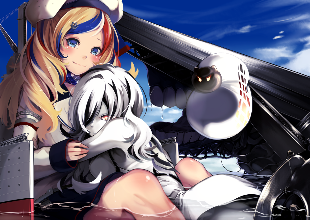 10s, 2girls, abyssal_ship, anchor_hair_ornament, bare_shoulders, beret, between_legs, black_skirt