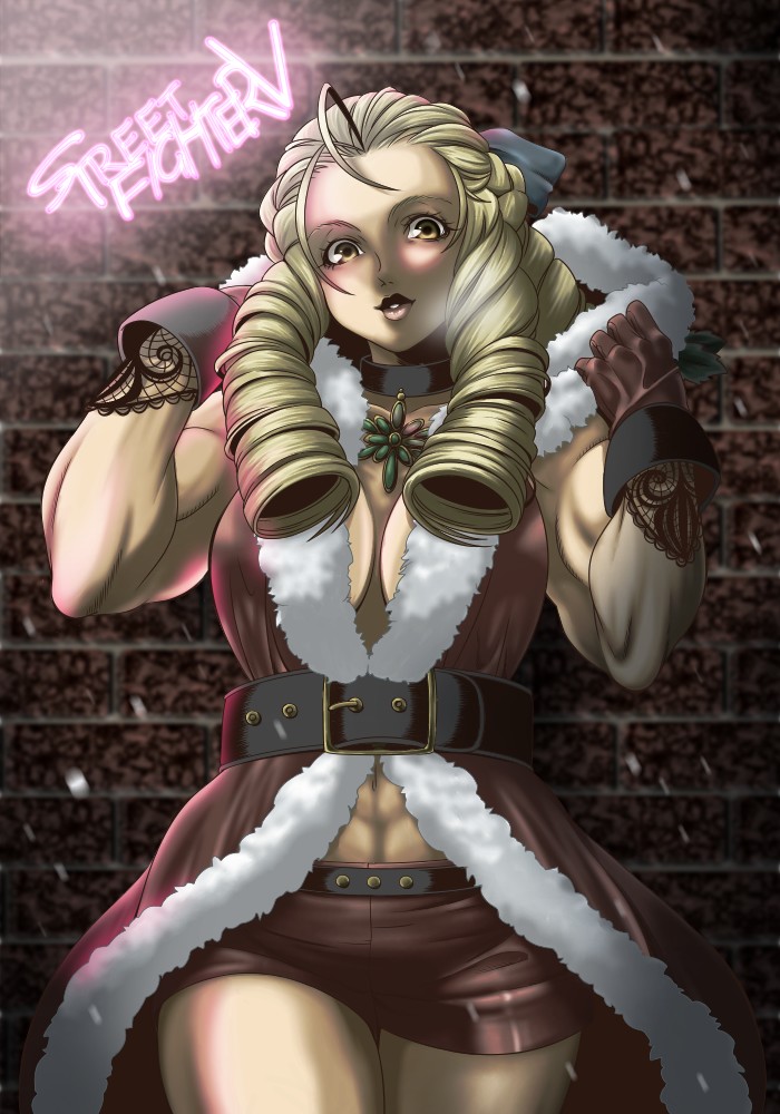 1girl, abs, alternate_costume, antenna_hair, bad_id, bad_pixiv_id, belt, blonde_hair, blue_bow, blush, bow, breasts, brick_wall, choker, christmas, cleavage, copyright_name, female_focus, fur_trim, gloves, hair_bow, kanzuki_karin, lace, looking_at_viewer, may0ray0, medium_breasts, muscular, muscular_female, navel, no_bra, ringlets, short_shorts, shorts, solo, street_fighter, street_fighter_v, yellow_eyes