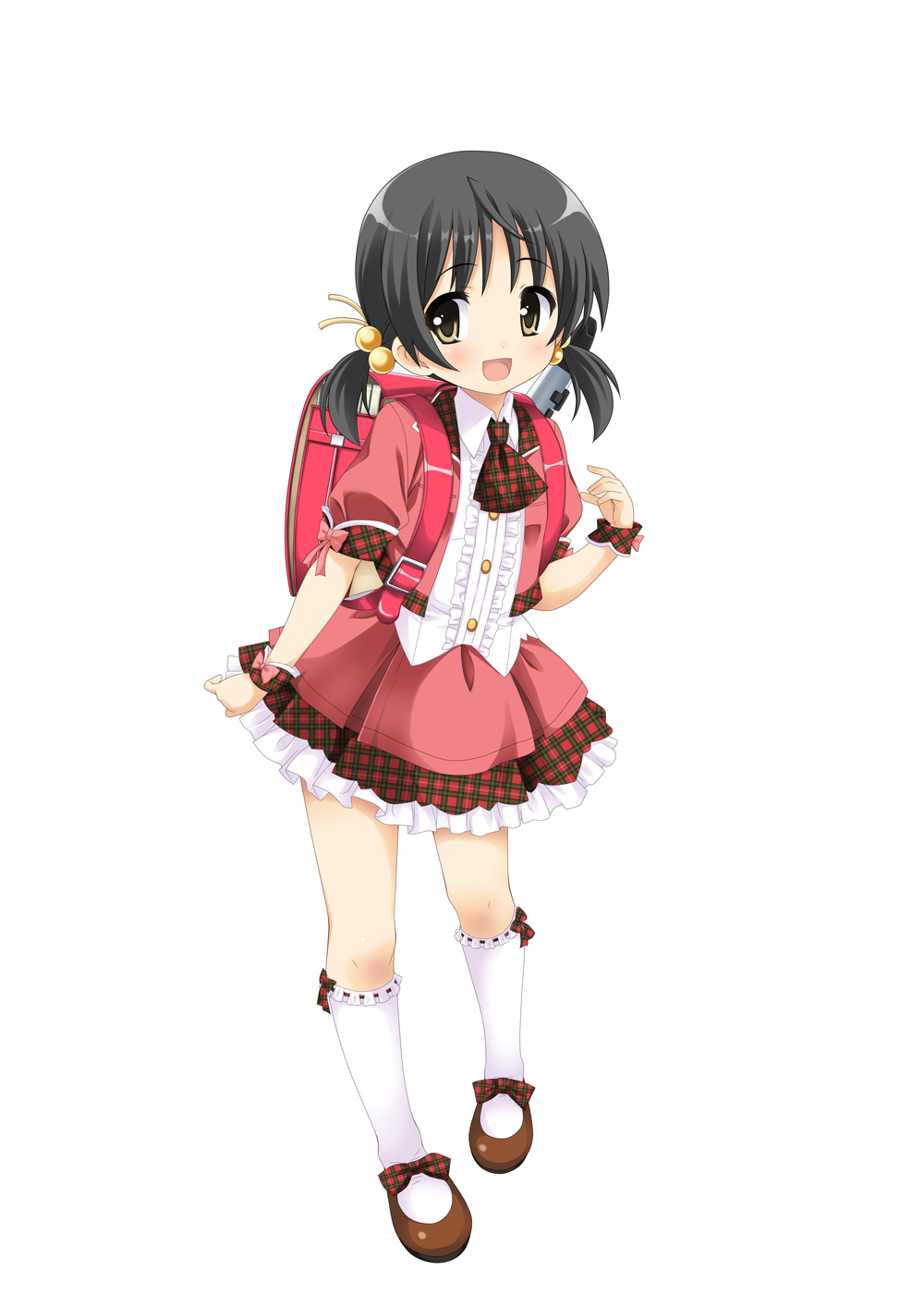 1girl, :d, ascot, backpack, bag, black_hair, blush, brown_eyes, buttons, collar, collared_shirt, cropped_jacket, cuffs, female_focus, flute, footwear_ribbon, frilled_skirt, frills, full_body, hair_bobbles, hair_ornament, highres, instrument, kaai_yuki, kaai_yuki_(vocaloid4), layered_skirt, looking_to_the_side, low_twintails, official_art, open_mouth, plaid_ribbon, promotional_art, puffy_short_sleeves, puffy_sleeves, randoseru, recorder, ribbon, ribbon-trimmed_legwear, ribbon_trim, shirt, short_sleeves, simple_background, skirt, smile, socks, solo, standing, tareme, twintails, umetani_tarou, v4x, vocaloid, white_background, wrist_cuffs