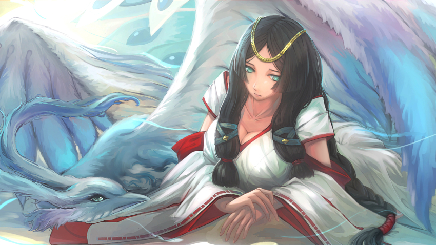 1girl, black_hair, breasts, cleavage, detached_sleeves, female_focus, green_eyes, highres, japanese_clothes, kikivi, large_breasts, long_hair, miko, onmyoji, solo, yaobikuni_(onmyoji)