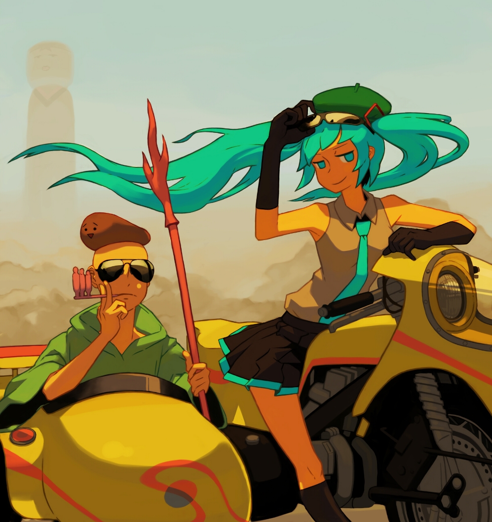 1boy, 1girl, adjusting_eyewear, android_kikaider, aqua_eyes, aqua_hair, bad_id, bad_pixiv_id, beret, elbow_gloves, eyewear_on_head, glasses, gloves, gohou_shoujo_sowaka-chan, hat, hatsune_miku, holding, holding_smoking_pipe, jinzou_ningen_kikaider, kikaider_(series), kuuyan, mascot, motor_vehicle, motorcycle, sidecar, smoking, smoking_pipe, smoking_pipe_in_mouth, sowaka-chan, tomioka_jirou, twintails, vehicle, vocaloid, wind