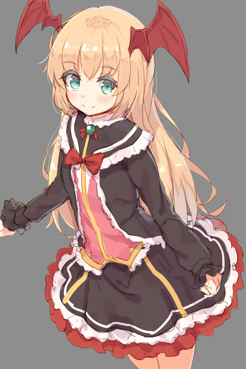 1girl, aqua_eyes, bat_wings, black_dress, blonde_hair, bow, cicini_(rabi-ribi), dress