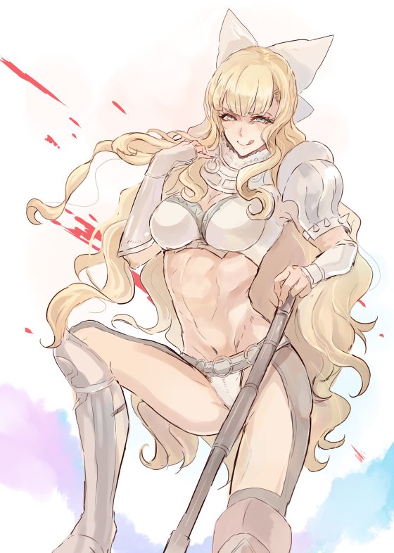 1girl, armor, bikini_armor, blonde_hair, blood, bow, charlotte_(fire_emblem), curly_hair, european_clothes, female_focus, fire_emblem, fire_emblem_fates, iriya_(lonesome), long_hair, looking_at_viewer, nintendo, pauldrons, shoulder_armor, smile, solo, toned, toned_female, weapon