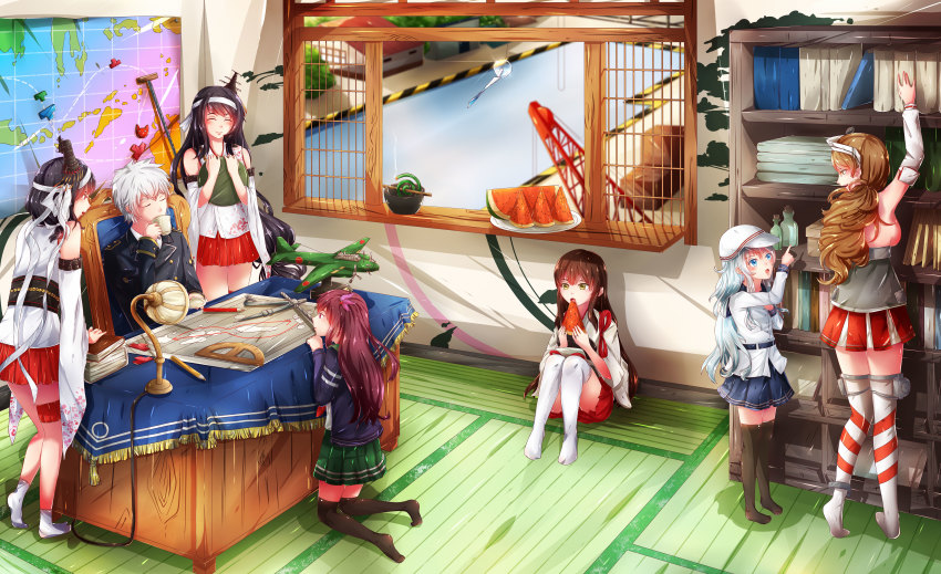 10s, 1boy, 6+girls, absurdres, admiral_(kancolle), akagi_(kancolle), bookshelf, desk