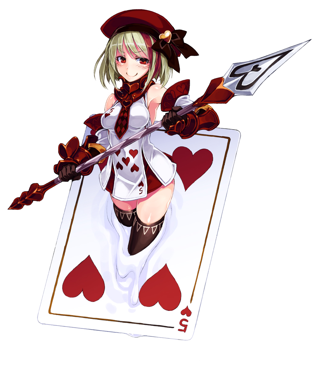 >:), 1girl, bare_shoulders, breasts, card, detached_sleeves, dress, female_focus, full_body, gauntlets, green_hair, hat, hat_ribbon, heart, hearts_(playing_card), highres, holding, holding_weapon, kenkou_cross, looking_at_viewer, medium_breasts, monster_girl_encyclopedia, monster_girl_encyclopedia_ii, multicolored_hair, necktie, official_art, playing_card, polearm, red_eyes, red_hair, ribbon, short_dress, short_hair, simple_background, smile, solo, spear, streaked_hair, thighhighs, trumpart_(monster_girl_encyclopedia), two-tone_hair, v-shaped_eyebrows, weapon, white_background
