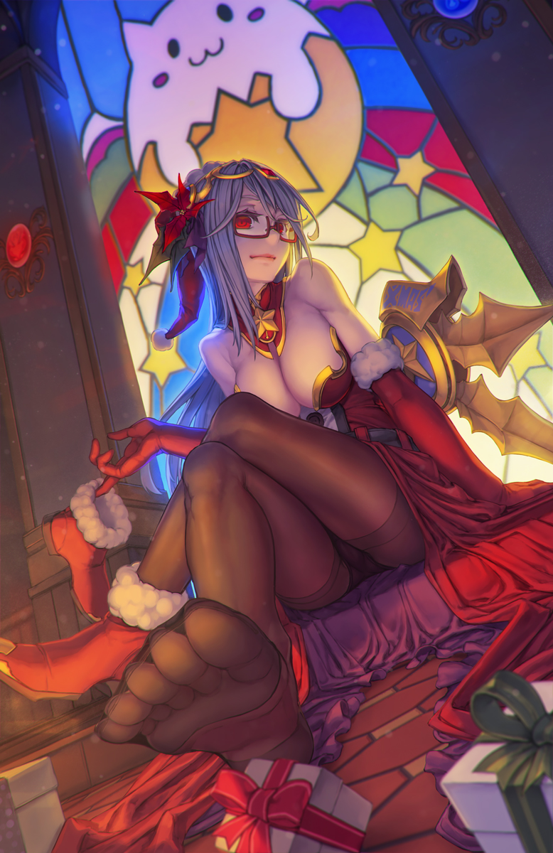 1girl, arm_support, bare_shoulders, black_pantyhose, box, breasts, cleavage, closed_mouth, crossed_legs, dress, elbow_gloves, feet, female_focus, flower, fur_trim, gift, gift_box, glasses, gloves, hair_flower, hair_ornament, highres, large_breasts, long_hair, looking_at_viewer, pale_skin, panties, panties_under_pantyhose, pantyhose, puzzle_&amp;_dragons, red-framed_eyewear, red_dress, red_eyes, red_gloves, red_shoes, ringed_eyes, rotix, santa_costume, semi-rimless_eyewear, shoes, silver_hair, single_shoe, sitting, soles, solo, stained_glass, tamadra, thighband_pantyhose, toes, under-rim_eyewear, underwear, urd_(p&amp;d)