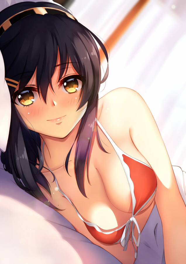 10s, 1girl, bikini, bikini_top_only, black_hair, blush, breasts, brown_eyes