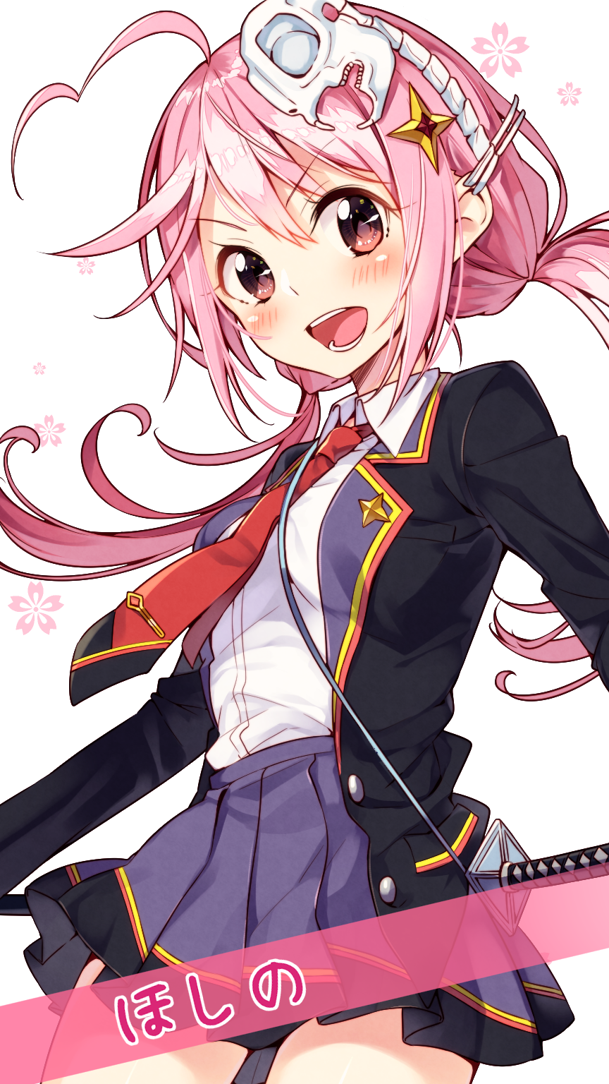 >:d, 1girl, :d, ahoge, bad_id, bad_pixiv_id, black_skirt, blazer