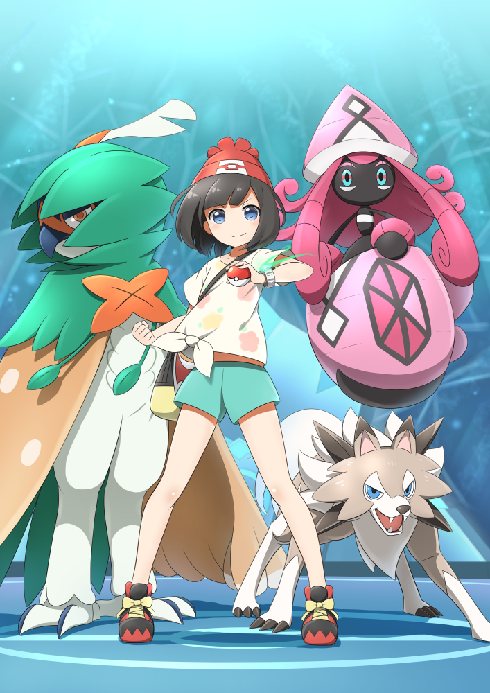 >:), 1girl, beanie, bird, black_hair, blue_eyes, closed_mouth, decidueye