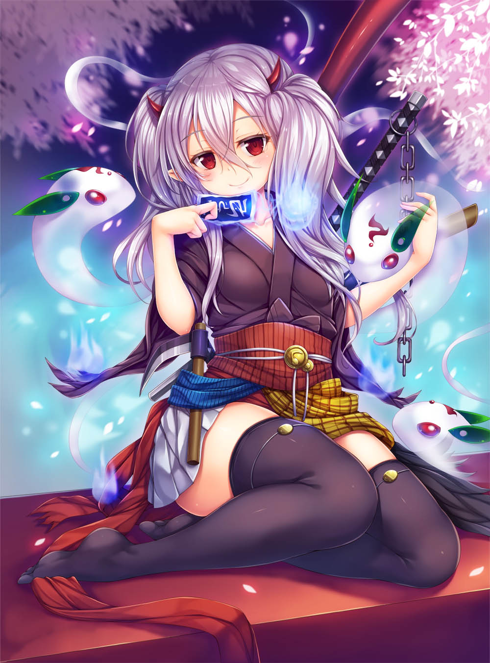 1girl, black_kimono, black_thighhighs, blue_fire, blurry, blush, breasts, chain, closed_mouth, collarbone, creature, duel_monster, eclipse, eyelashes, fire, full_body, ghost, ghost_ogre_&amp;_snow_rabbit, glowing, hair_between_eyes, hakama, hakama_short_skirt, hakama_skirt, highres, hitodama, holding, horns, japanese_clothes, katana, kimono, long_hair, looking_at_viewer, miniskirt, moon, night, no_shoes, obi, ofuda, petals, plaid, pleated_skirt, pointy_ears, red_eyes, sash, sickle, sitting, skindentation, skirt, sky, sleeves_pushed_up, small_breasts, snow_rabbit, sword, sword_on_back, thigh_strap, thighhighs, toes, transparent, twintails, weapon, weapon_on_back, white_hair, white_hakama, white_skirt, wide_sleeves, yokozuwari, yu-gi-oh!, yuki_usagi_(snowcanvas)