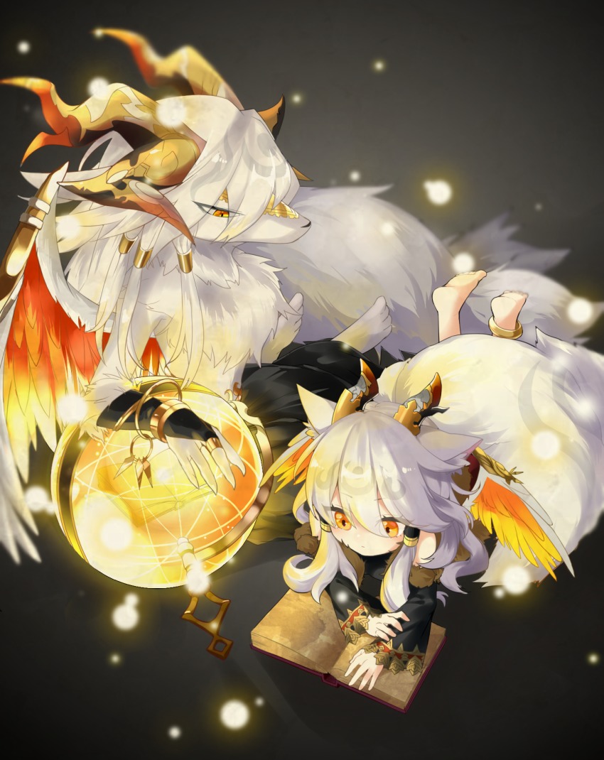 2girls, anklet, bare_shoulders, barefoot, blurry, book, bracelet, demon