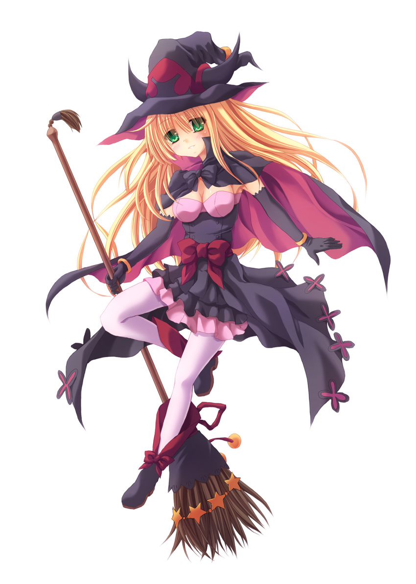 1girl, black_cape, blonde_hair, blush, bow, bracelet, breasts, broom, cape, duel_monster, female_focus, full_body, ghostrick_witch, gloves, green_eyes, hat, highres, jewelry, long_hair, looking_at_viewer, ribbon, short_cape, skirt, smile, solo, star_(symbol), takayuuki, thighhighs, white_thighhighs, witch, witch_hat, yu-gi-oh!