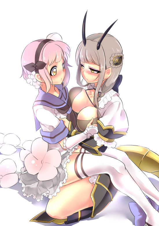 10s, 2girls, blush, boots, braid, brown_hair, flower, genderswap