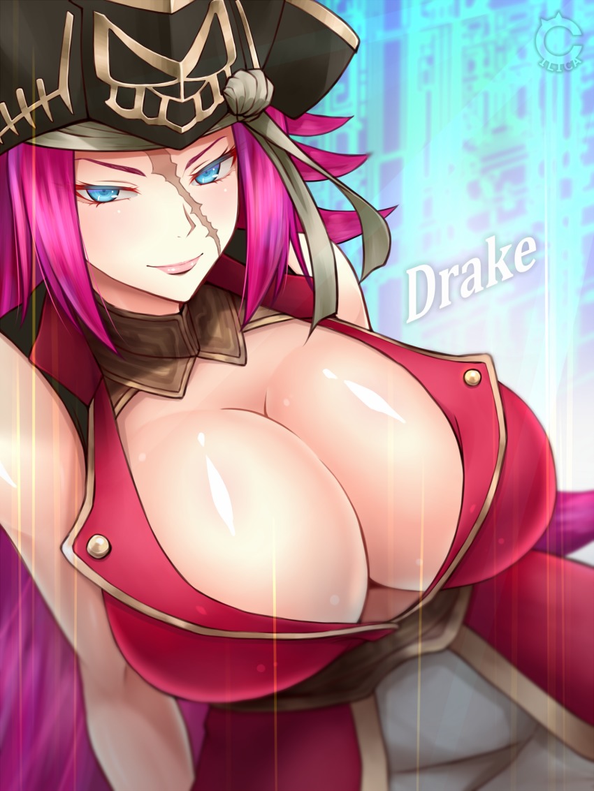 10s, 1girl, bare_shoulders, blue_eyes, breasts, character_name, cilica, cleavage, fate/extra, fate/grand_order, fate_(series), female_focus, francis_drake_(fate), hat, highres, huge_breasts, long_hair, pink_hair, pirate_hat, scar, scar_on_face, smirk, solo