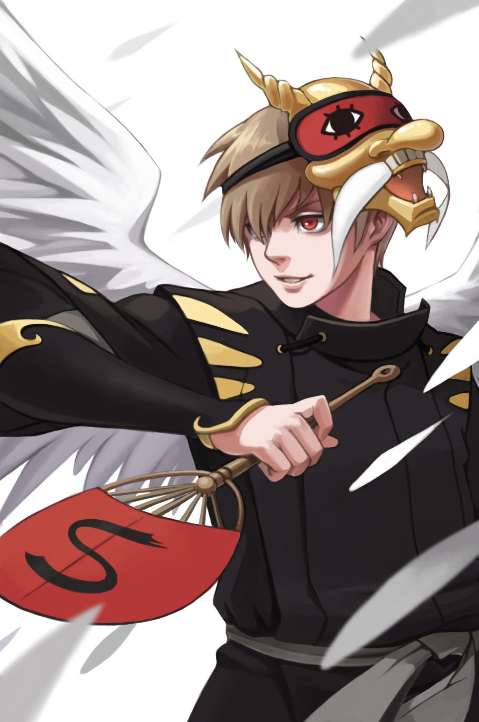1boy, armor, bei_ju_luoxuan_wan, closed_mouth, cosplay, daitengu, daitengu_(cosplay), feathered_wings, feathers, gintama, gorget, grin, hair_over_one_eye, hand_fan, highres, holding, holding_fan, japanese_armor, japanese_clothes, kote, light_brown_hair, lips, looking_to_the_side, male_focus, mask, mask_on_head, motion_blur, okita_sougo, onmyoji, paper_fan, red_eyes, sash, sleep_mask, smile, solo, tengu_mask, uchiwa, upper_body, white_background, white_wings, wings