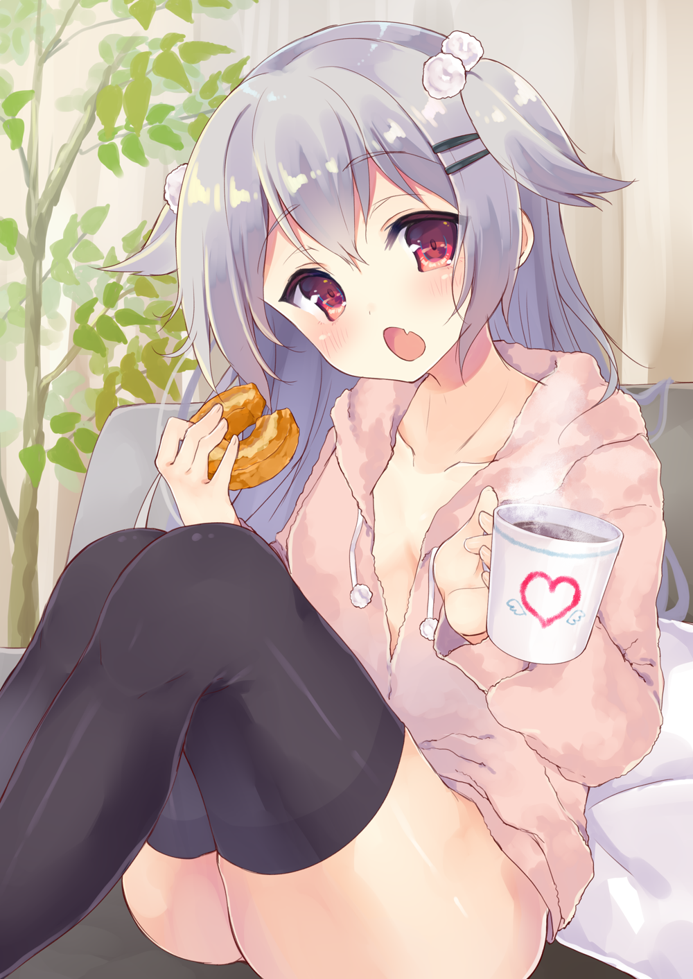 1girl, black_thighhighs, blush, borrowed_character, breasts, chestnut_mouth, coffee, coffee_mug