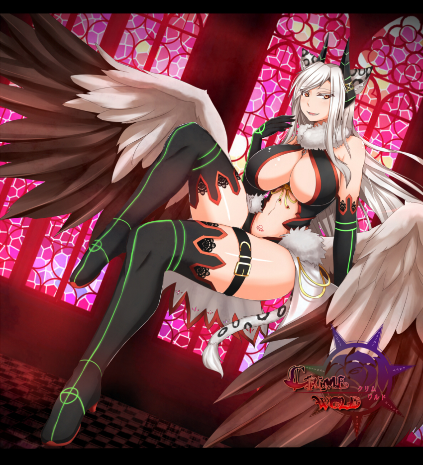 1girl, animal_ears, bare_shoulders, black_gloves, black_thighhighs, boots, breasts, brown_eyes, cat_ears, cat_girl, cleavage, cleavage_cutout, clothing_cutout, elbow_gloves, female_focus, flying, full_body, gloves, high_heels, highres, horns, huge_breasts, kozuka_yashoku, legs, leopard_ears, leopard_tail, long_hair, looking_at_viewer, navel, open_mouth, original, pixiv_fantasia, pixiv_fantasia_t, pubic_tattoo, silver_hair, smile, solo, tail, tattoo, thighhighs, wings