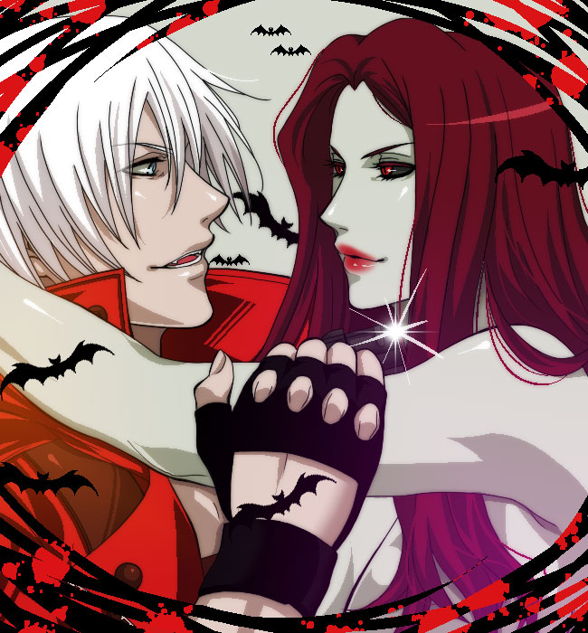 00s, 1boy, 1girl, animal, bad_id, bad_pixiv_id, bare_shoulders, bat_(animal), black_gloves, blue_eyes, capcom, coat, colored_skin, dante_(devil_may_cry), demon_girl, devil_may_cry, devil_may_cry_(series), devil_may_cry_3, earrings, fingerless_gloves, from_side, glint, gloves, grey_skin, hug, jewelry, lips, long_hair, nevan, pale_skin, peach-usa, profile, rabi, red_eyes, red_hair, red_lips, short_hair, trench_coat, white_hair