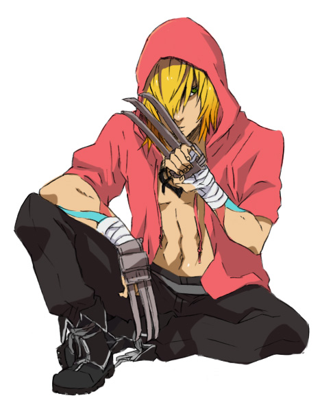 1boy, bad_id, bad_pixiv_id, bandages, blonde_hair, boots, cargo_pants, claws, gunji, hood, hoodie, male_focus, pants, simple_background, solo, tattoo, togainu_no_chi, tsuu_(tu-3)