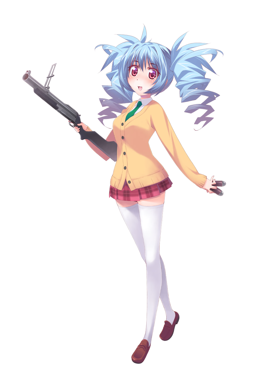 1girl, 40mm_grenade, ammunition, blue_hair, bullet_girls, bullet_girls_2, carrying, drill_hair, female_focus, full_body, grenade_launcher, gun, highres, holding, holding_gun, holding_weapon, light_blue_hair, long_hair, necktie, official_art, open_mouth, plaid_clothes, plaid_skirt, pleated_skirt, red_eyes, simple_background, skirt, solo, thighhighs, twintails, weapon, white_background, white_thighhighs, yukishiro_rumi, zettai_ryouiki