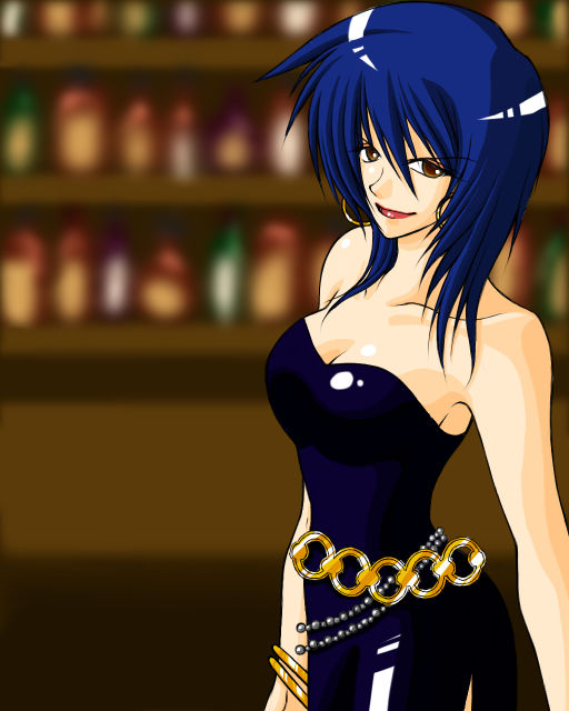1girl, :d, arc_the_lad, arc_the_lad_ii, bare_shoulders, belt, blue_hair, blurry