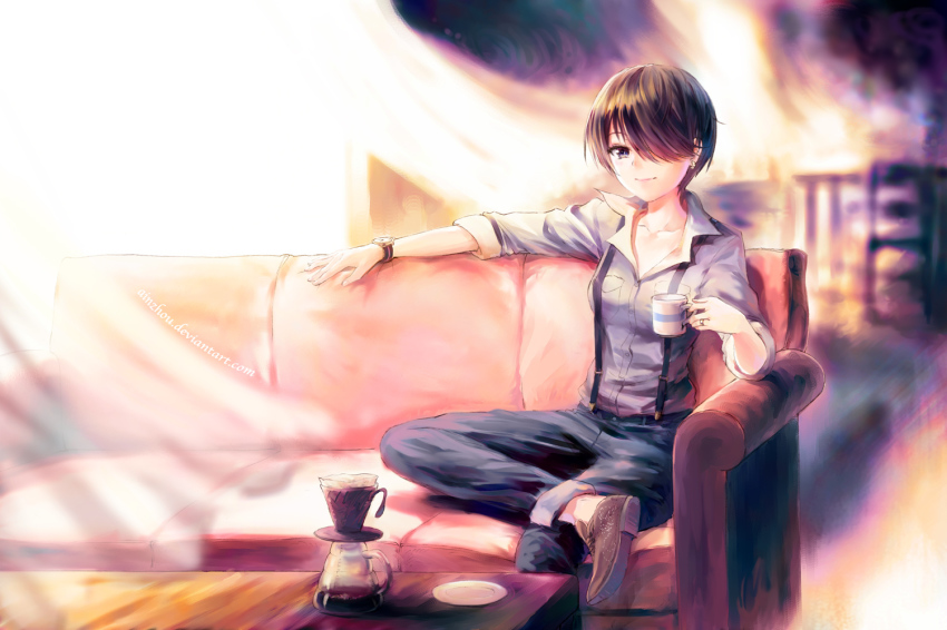 10s, 1girl, ainzhou, ashuu_shizuku, black_hair, blue_eyes, blurry, blush, breasts, brown_shoes, closed_mouth, coffee_table, collarbone, collared_shirt, couch, cup, depth_of_field, earrings, female_focus, hair_over_one_eye, holding, holding_cup, jewelry, mahou_shoujo_ikusei_keikaku, mahou_shoujo_ikusei_keikaku_unmarked, medium_breasts, mug, pants, plate, ring, shirt, shoes, short_hair, single_earring, sitting, smile, solo, suspenders, table, vacuum_coffee_maker, weiss_winterprison