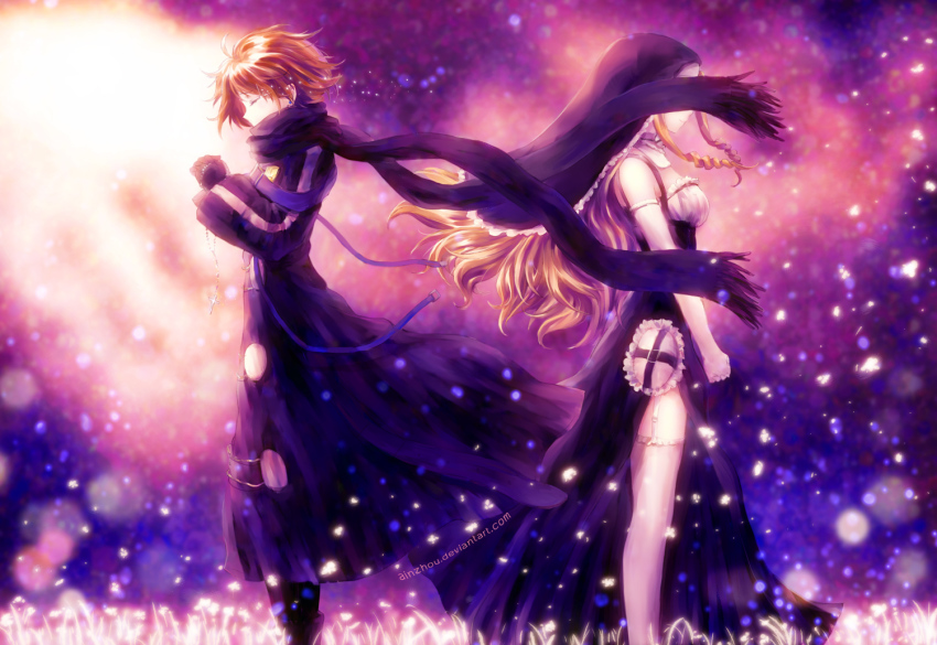 10s, 2girls, ainzhou, back-to-back, black_coat, black_gloves, black_scarf, breasts