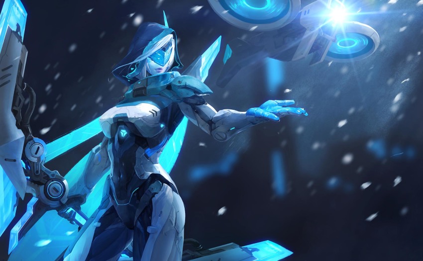 1girl, armor, ashe_(league_of_legends), bad_id, bad_pixiv_id, blurry, bodysuit, bow_(weapon), closed_mouth, contrapposto, covered_navel, cowboy_shot, cyborg, depth_of_field, drone, female_focus, flying, glowing, highres, holding, holding_bow_(weapon), holding_weapon, hood, ice, league_of_legends, legs_apart, lens_flare, light, linger_ftc, looking_to_the_side, motion_blur, mu_ye_jin, outstretched_arm, outstretched_hand, pauldrons, power_armor, project:_ashe, shoulder_armor, snowing, solo, standing, visor, weapon, white_hair