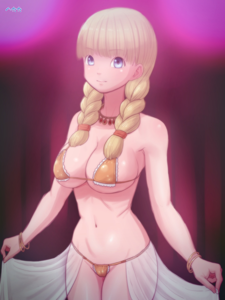 1girl, altyane_hetata, bikini, blonde_hair, blue_eyes, blush, bracelet, braid, breasts, dragon_quest, dragon_quest_xi, female_focus, highres, jewelry, large_breasts, long_hair, looking_at_viewer, micro_bikini, navel, necklace, shawl, smile, solo, swimsuit, twin_braids, veronica_(dq11)