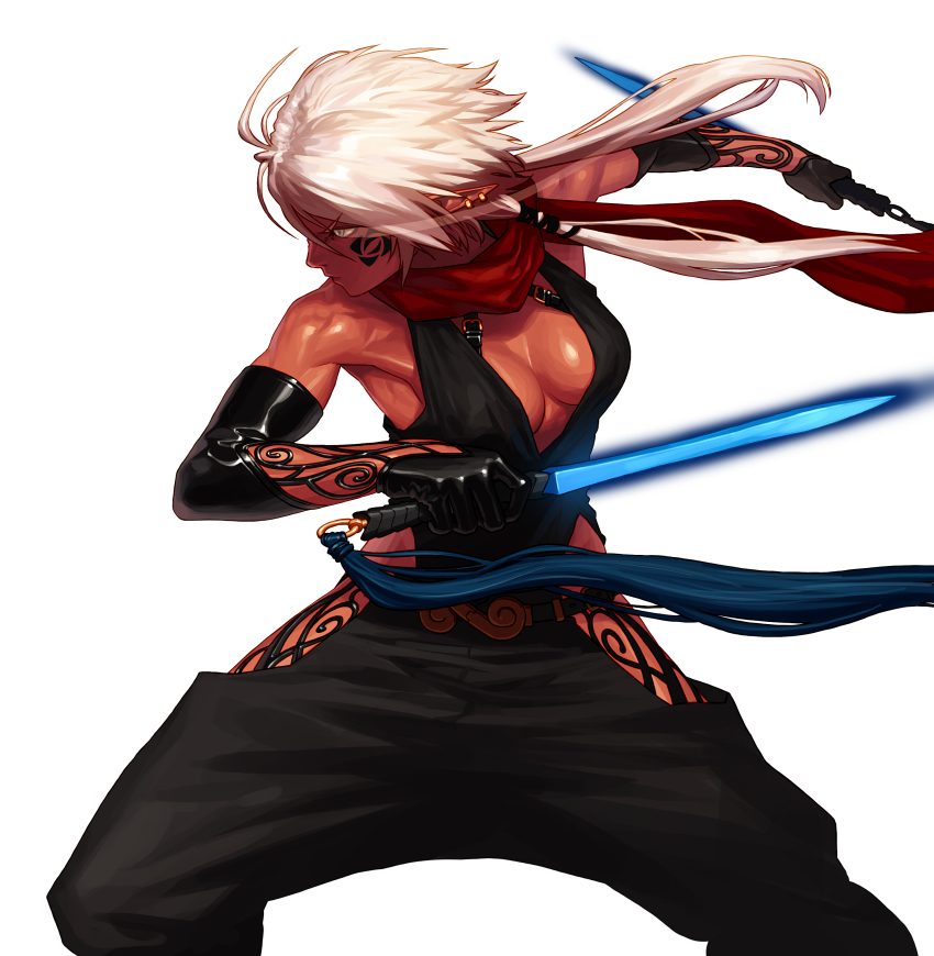 00s, 1girl, absurdres, bare_shoulders, belt, black_gloves, breasts, cleavage, cowboy_shot, dagger, dark-skinned_female, dark_skin, dress, dual_wielding, dungeon_and_fighter, ear_piercing, earrings, elf, facial_mark, female_focus, gloves, grey_eyes, hair_between_eyes, hair_ornament, hair_tie, highres, holding, japanese_clothes, jewelry, jung_wook_choi, knife, legs_apart, long_hair, low-tied_long_hair, medium_breasts, pants, piercing, pointy_ears, red_scarf, rogue_(dungeon_and_fighter), scarf, serious, simple_background, sleeveless, solo, stance, tassel, tattoo, thief_(dungeon_and_fighter), weapon, white_background, white_hair