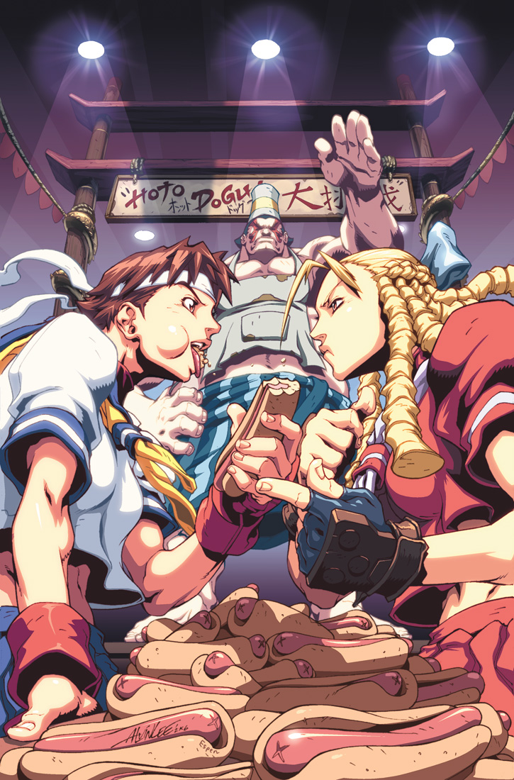 1boy, 2girls, alvin_lee, angry, antenna_hair, apron, arm_support, barefoot