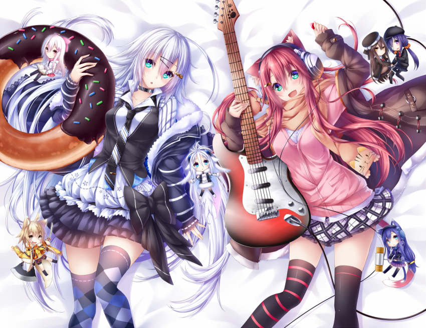 6+girls, :d, :o, animal_ears, argyle_clothes, argyle_legwear, asymmetrical_legwear, black_bow