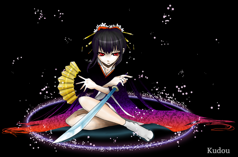 1girl, black_background, black_hair, female_focus, hand_fan, kudou_(wil0830s), original, pixiv_id_787857