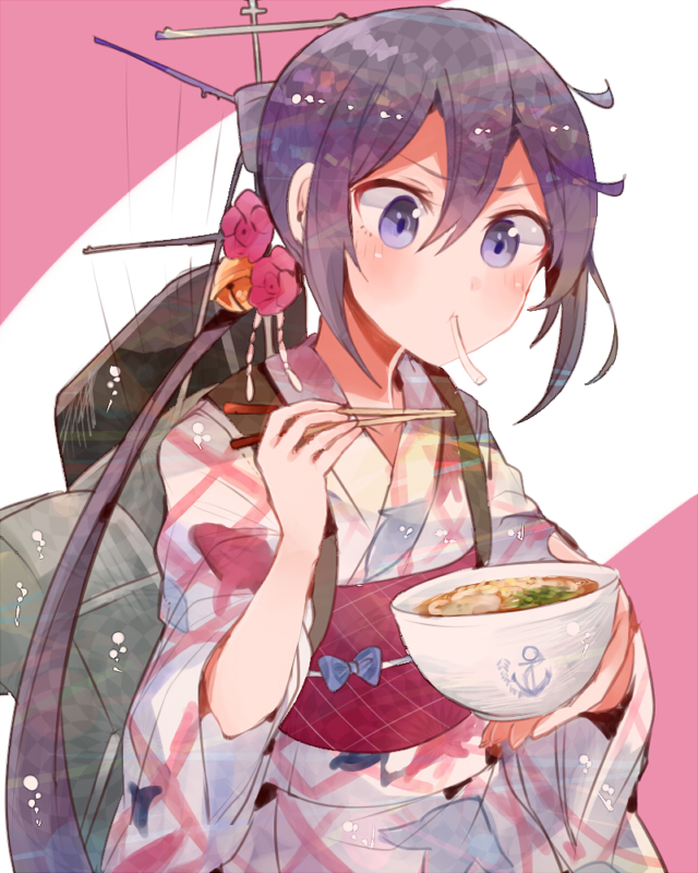 10s, 1girl, akebono_(kancolle), akebono_(nakau)_(kancolle), anchor_symbol, bell, bowl, chopsticks