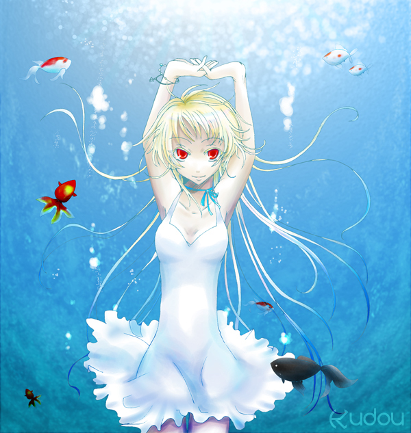 1girl, blonde_hair, dress, female_focus, fish, kudou_(wil0830s), original, red_eyes