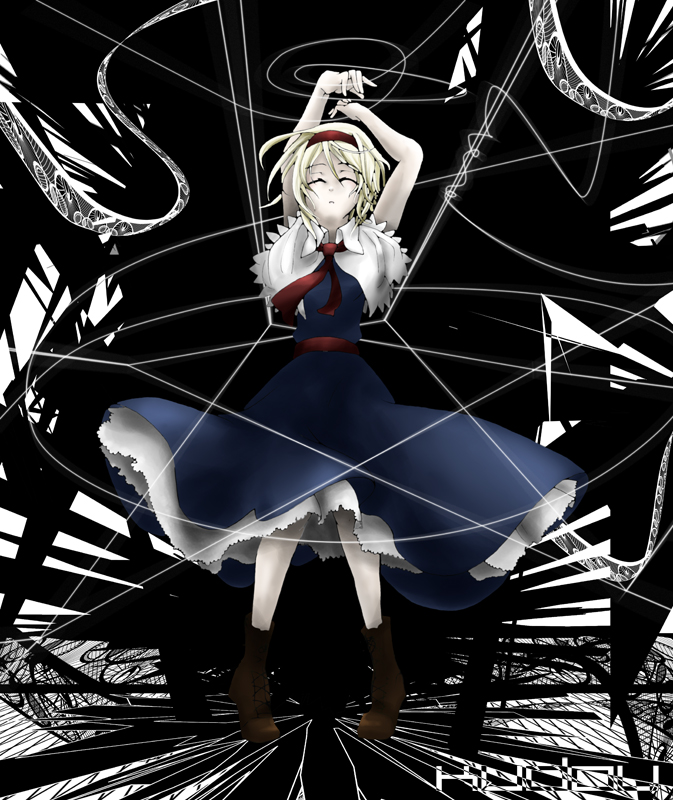1girl, alice_margatroid, blonde_hair, boots, closed_eyes, dress, female_focus, kudou_(wil0830s)