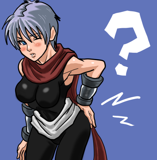 1girl, ?, arc_the_lad, arc_the_lad_ii, blue_background, blush, breasts, female_focus, gender_request, genderswap, hand_on_ass, ike_ko, large_breasts, looking_at_viewer, one_eye_closed, pain, shu_(arc_the_lad), simple_background, solo
