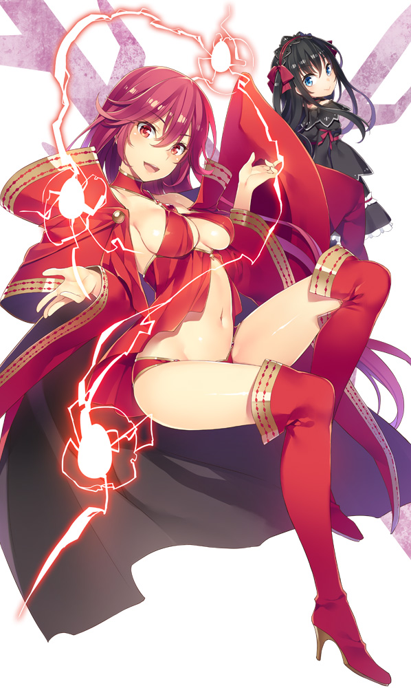 2girls, :d, angela_ambrosia, babydoll, black_hair, blue_eyes, boots, breasts, cape, gothic_lolita, hair_between_eyes, halterneck, high_heel_boots, high_heels, lolita_fashion, magic, medium_breasts, mmu, multiple_girls, navel, open_mouth, original, red_footwear, red_hair, red_legwear, revealing_clothes, seven_cast_no_hikikomori_majutsu-ou, smile, thigh_boots, thighhighs