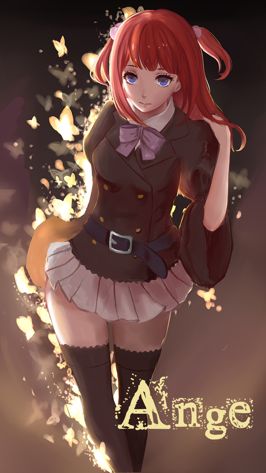 1girl, absurdres, black_thighhighs, bug, butterfly, female_focus, gezi_furen, glowing_butterfly, hair_bobbles, hair_ornament, highres, insect, red_hair, solo, thighhighs, umineko_no_naku_koro_ni, ushiromiya_ange, witch, zettai_ryouiki