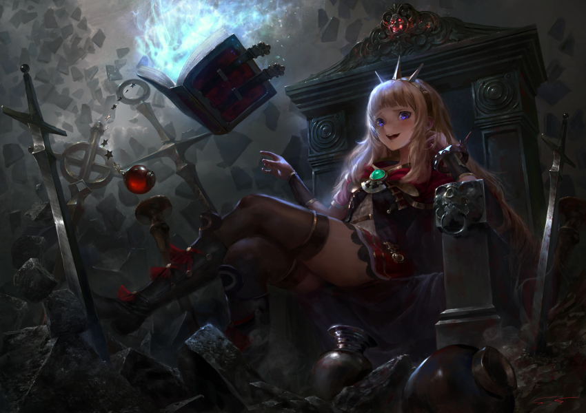 10s, 1girl, :d, absurdres, arm_guards, bangle, belt, big_hair