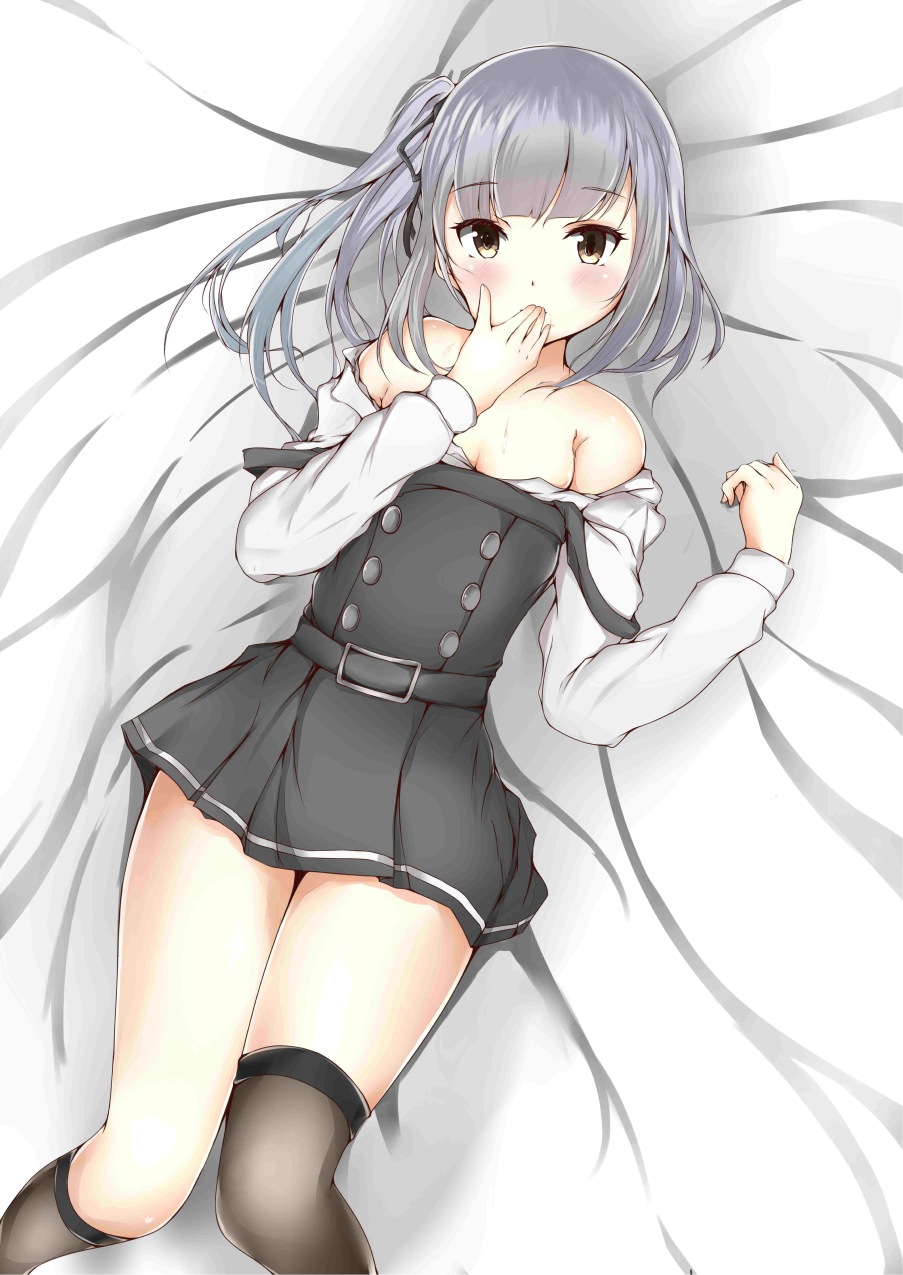 10s, 1girl, asymmetrical_legwear, bare_shoulders, blush, dress, female_focus, grey_hair