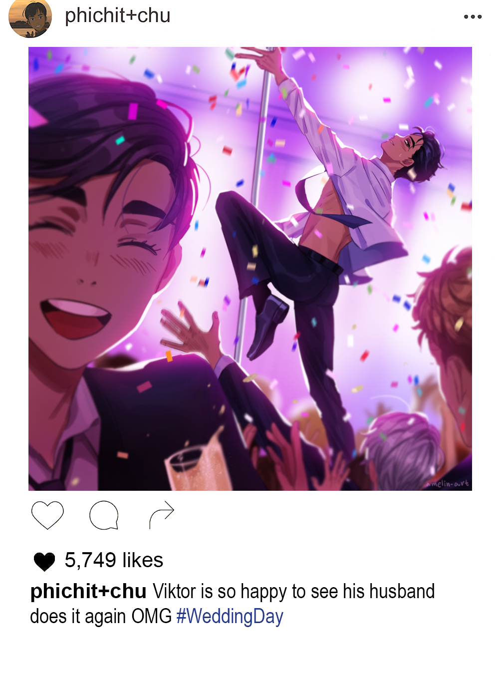 10s, 4boys, ^_^, ameli-ya, bad_id, bad_pixiv_id, black_hair, blonde_hair, blush, brown_eyes, christophe_giacometti, closed_eyes, confetti, english_text, fake_screenshot, highres, instagram, katsuki_yuuri, male_focus, multiple_boys, necktie, open_clothes, open_mouth, open_shirt, phichit_chulanont, pole, pole_dancing, selfie, shirt, silver_hair, smile, stripper_pole, viktor_nikiforov, yaoi, yuri!!!_on_ice