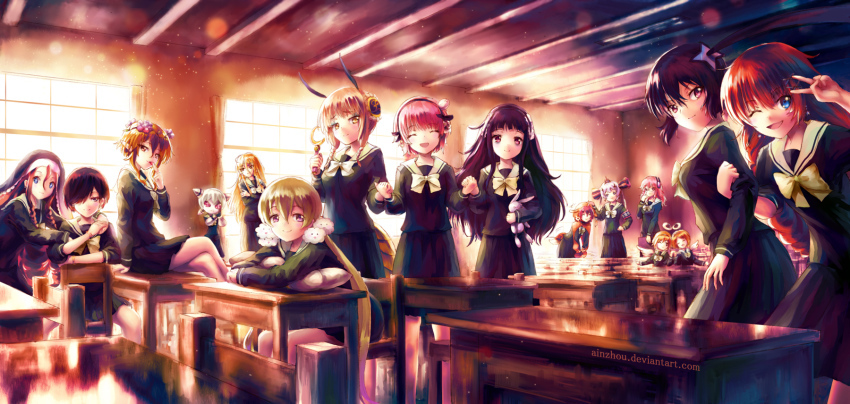 +_+, 10s, 6+girls, :d, ;d, ^_^, adjusting_eyewear, against_wall