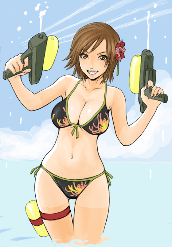 1girl, bikini, breasts, brown_eyes, brown_hair, cleavage, cloud, contrail, day, female_focus, floral_print, flower, front-tie_top, grin, hair_flower, hair_ornament, halterneck, hawk_(artist), hawk_(cwmg), kazama_asuka, large_breasts, looking_at_viewer, namco, outdoors, shirt_tan, short_hair, shorts_tan, side-tie_bikini_bottom, smile, solo, string_bikini, swimsuit, tan, tanline, tekken, tekken_5_(dark_resurrection), thigh_gap, wading, water_gun